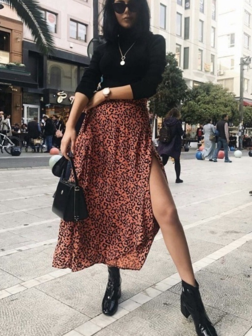 Nine West Women Leopard Print Tiered Midi Skirt with Side Slit LARGE